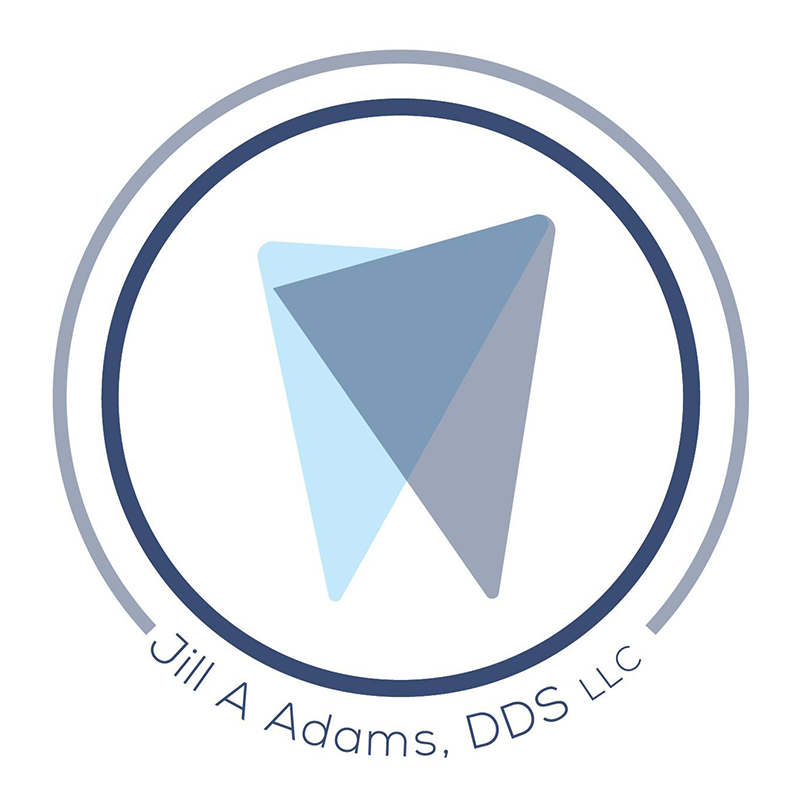 The image is a logo consisting of a stylized blue arrow pointing upwards, set against a light background with a circular border. Within the circle, there s a white icon of a tooth and to the right, text that reads Jill Adams DDS LLC.