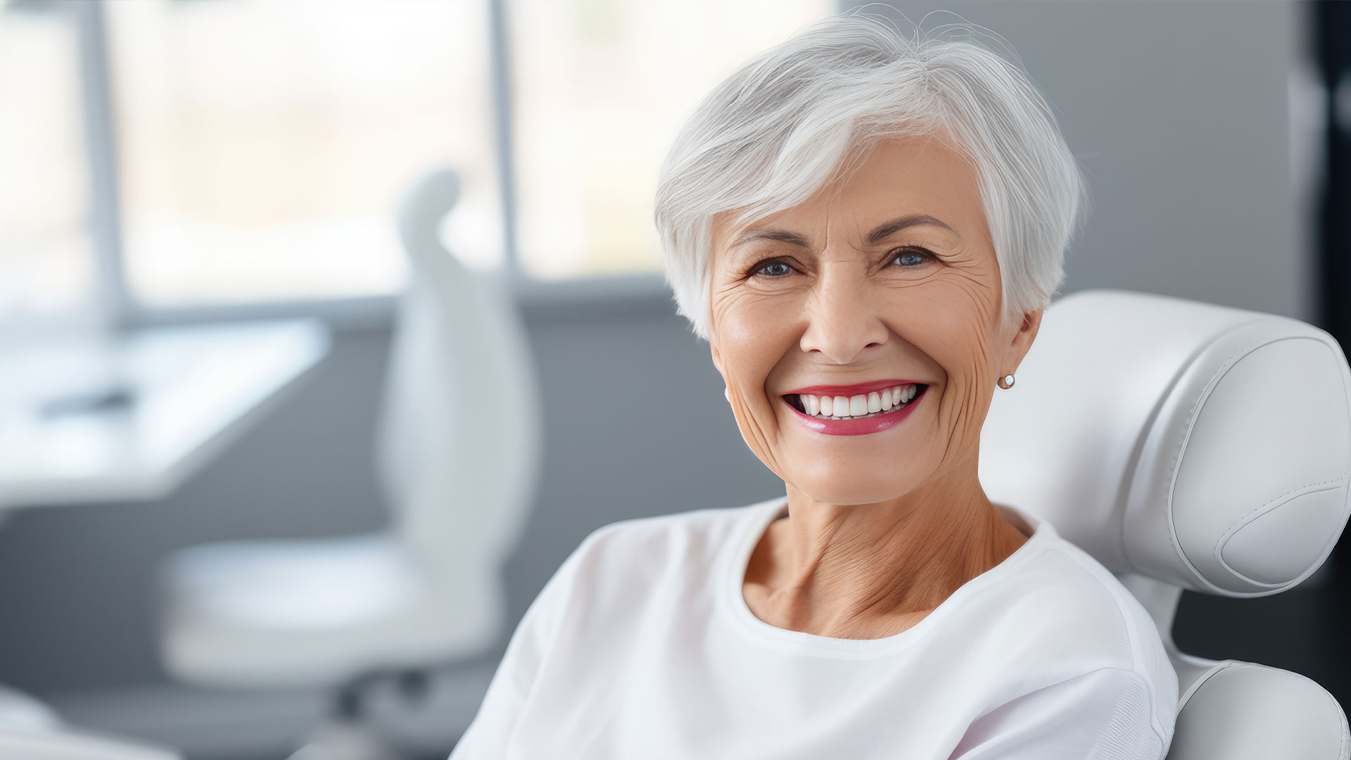 The image shows an elderly woman with white hair, wearing a white top, smiling and looking directly at the camera while seated in a modern dental chair.